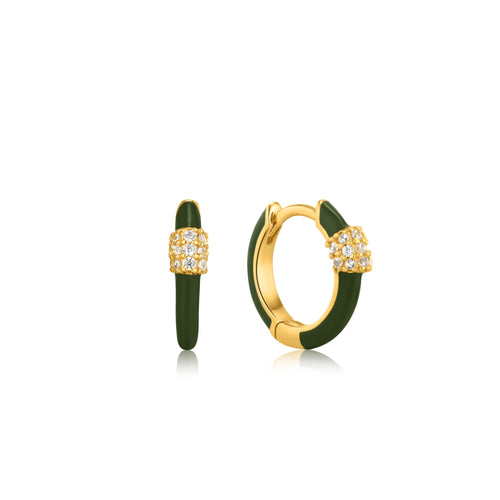 Forest Green Enamel Carabiner Gold Huggie Hoop Earrings Jewellery Ania Haie 