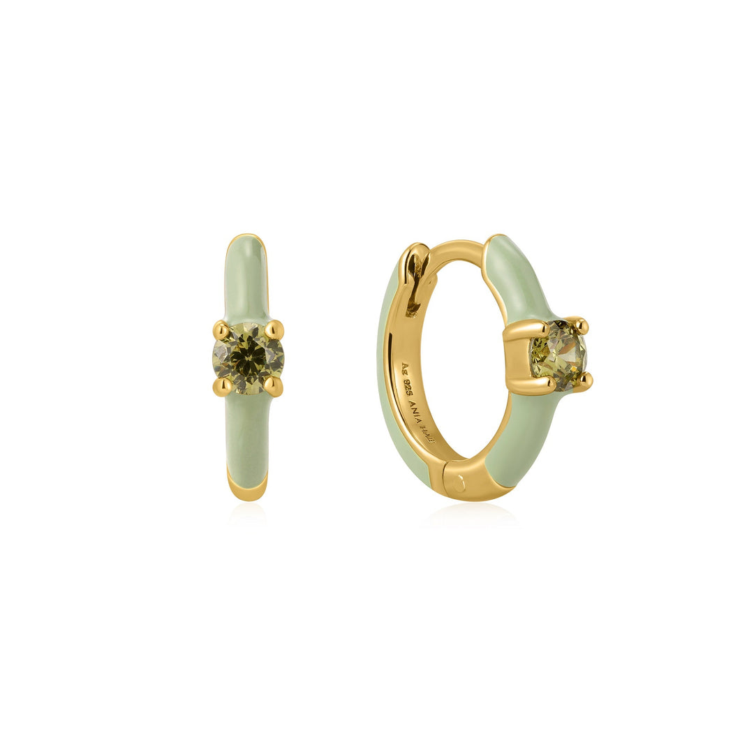 Sage Green Enamel Gold Huggie Hoop Earrings Jewellery Ania Haie 
