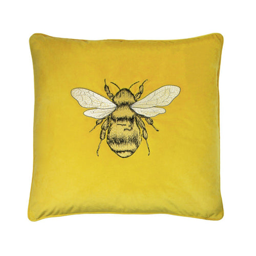 Yellow Embroidered Bee Velvet Cushion Soft Furnishing Riva Home 